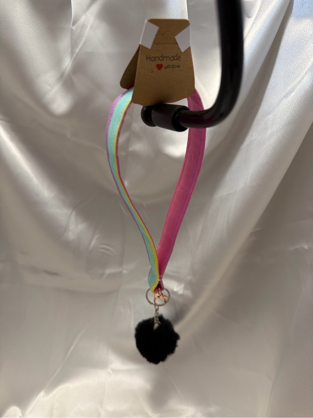 Handmade Rainbow Wristlet Keychain with Black Pompom